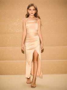 优雅香槟色露肩无袖修身长裙，适合少女穿着，适合晚会、婚礼、生日、毕业典礼、圣诞节、万圣节等场合 - 香檳色 - 查看 3