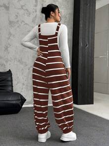 SHEIN EZwear Plus Size Women's Brown & White Ribbed Elastic Fuzzy Ribbed Jumpsuit - Brown - View 2