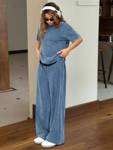 SHEIN EZwear Autumn/Winter Casual Home Round Neck Short Sleeve Straight Leg Pants Distressed Washed Loose Set - Blue - View 4