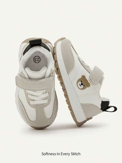 Cozy Pixies A Pair Of All-Season Boys' Gray And White Colorblock  Soft Sole,  Bear Embroidery, Cute And Comfortable Kids Sneakers