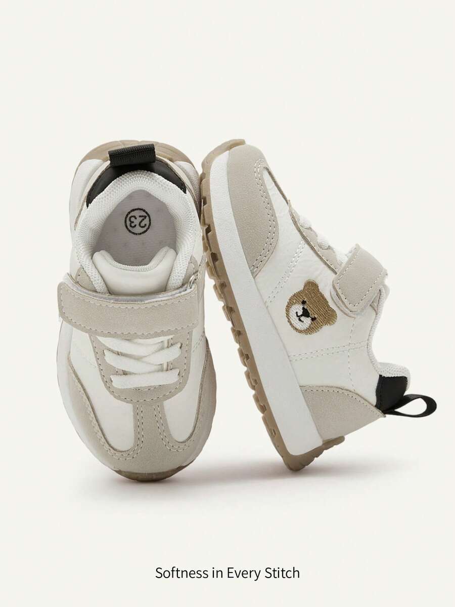 Cozy Pixies A Pair Of All-Season Boys' Gray And White Colorblock  Soft Sole,  Bear Embroidery, Cute And Comfortable Kids Sneakers - Light Grey - View 1