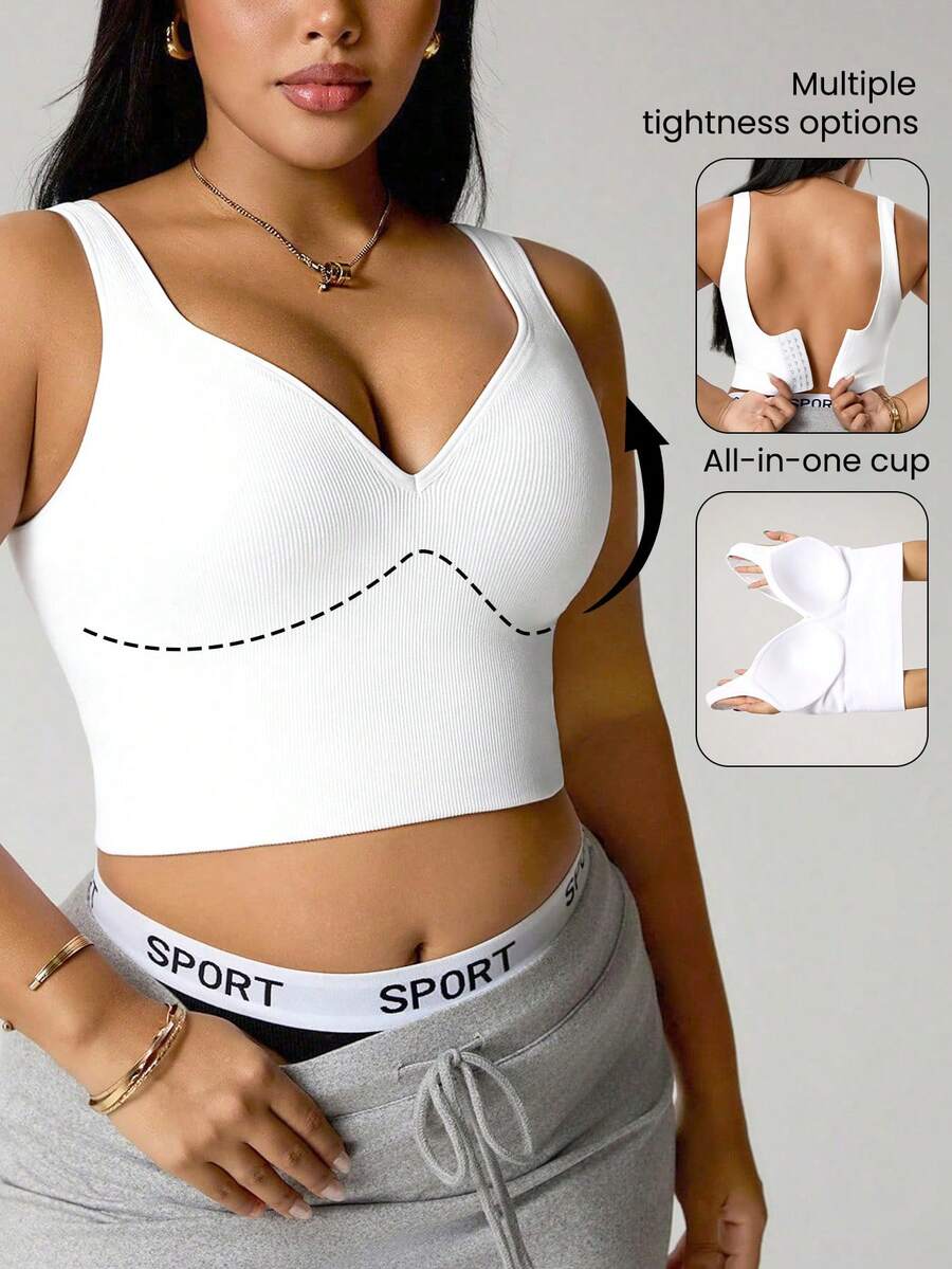Gameset SHEIN Sport Plus Size Women Seamless White Fixed Pad Sports Bra Camisole - White - View 1