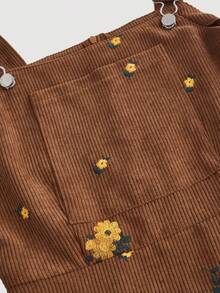 SHEIN MOD 复古棕色雏菊装饰前口袋吊带裙，冬季连衣裙，复古连衣裙，海盗风连衣裙，连衣裙，节日连衣裙，灯芯绒连衣裙 - 棕色 - 查看 3