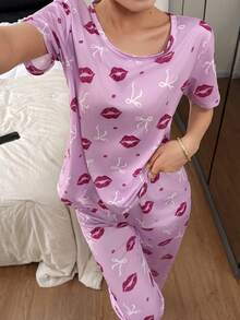 SHEIN 两件套性感少女粉色蝴蝶结和红色嘴唇印花短袖睡衣套装 - 彩色 - 查看 3