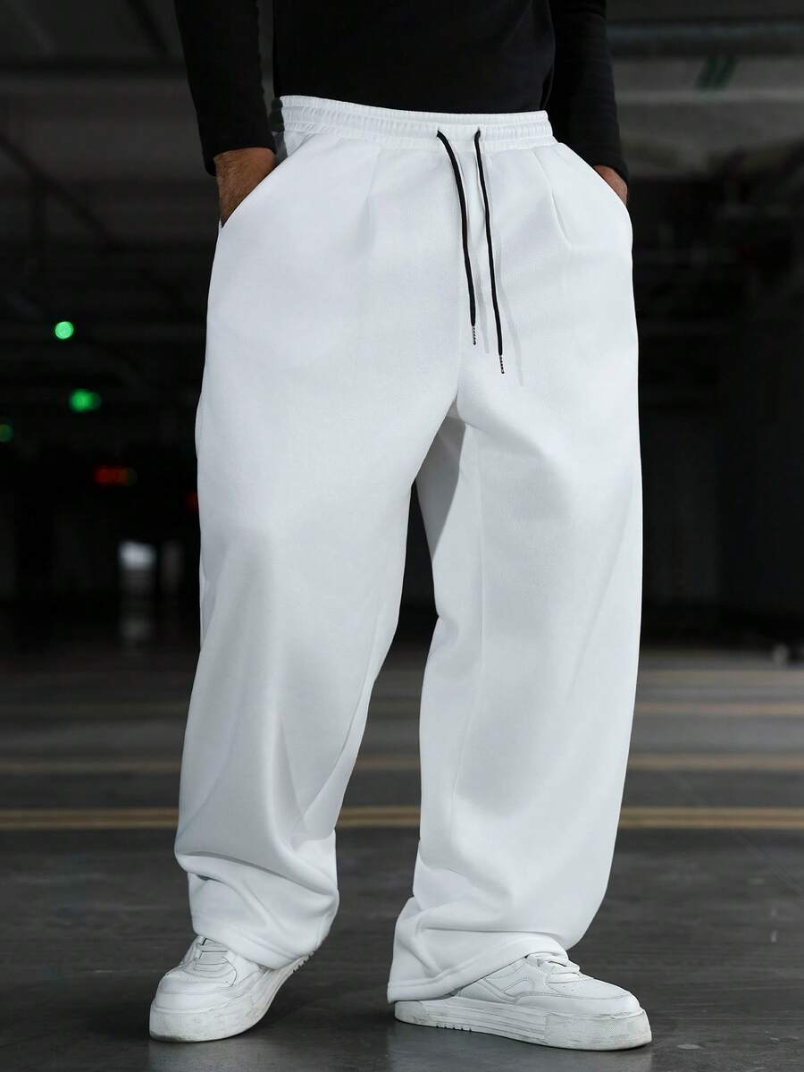 Manfinity EMRG Men's Loose Drawstring Waist Pockets Casual Wide Leg Sweatpants White Baggy Pants White Sweat Pants Men White Joggers Men Pro Club Sweat Pants Men Street Wear Pants - White - View 1