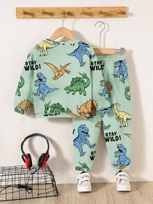 男婴休闲柔软舒适可爱卡通动物恐龙扎染 Y2K 宽松圆领针织毛衣和裤子套装，适合秋冬季 - 彩色 - 查看 3