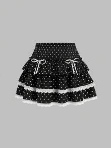 Sweetra Váy mini xếp lớp họa tiết chấm bi đen trắng dễ thương cỡ lớn Y2K dành cho nữ - Đen và trắng - Xem 1