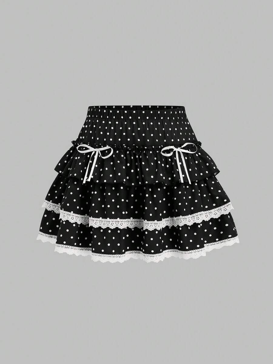 Sweetra Váy mini xếp lớp họa tiết chấm bi đen trắng dễ thương cỡ lớn Y2K dành cho nữ - Đen và trắng - Xem 1