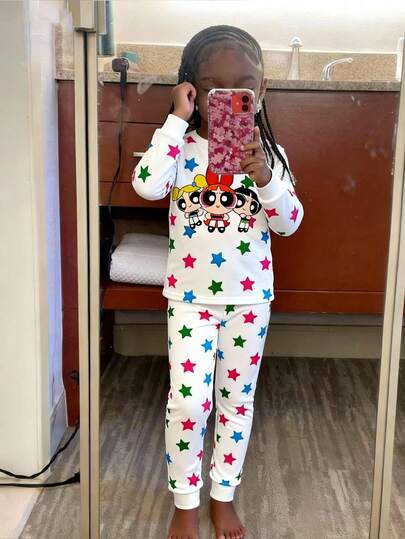 THE POWERPUFF GIRLS X SHEIN Young Girl Cartoon Graphic Star Print Round Neck Long Sleeve Top And Leggings Pajama Set
