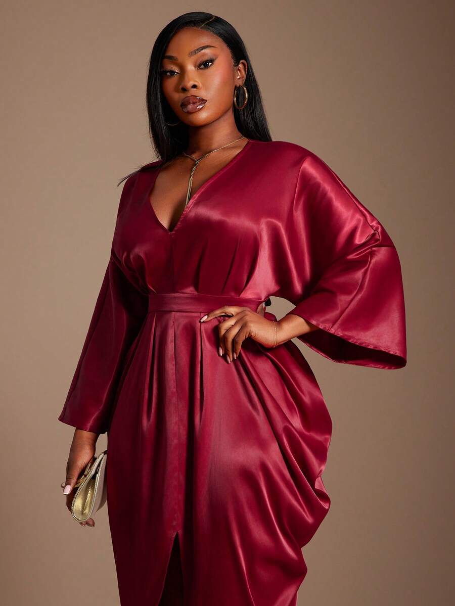 SHEIN SXY Plus Size Solid Color Deep V-Neck High Slit Sexy Dress - Red - View 1
