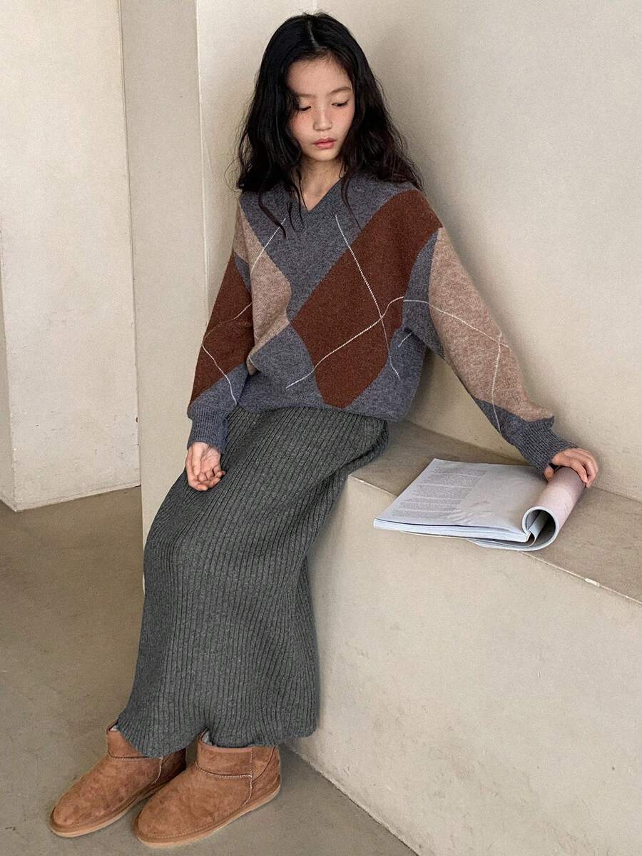 DAZY Rok Midi Rajut Panjang Kasual Warna Polos untuk Anak Perempuan Remaja, Musim Gugur/Dingin - Grey - View 1