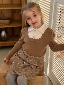 DAZY Young Girl French Peter Pan Collar Layering Sweater, Puff Sleeve 2 In 1, Autumn/Winter - Khaki - View 5