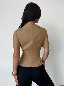 Firerie Áo cánh vải lanh tre màu mơ, cổ bẻ, tay áo bất đối xứng, eo nhún, dáng ôm vừa vặn, dành cho nữ, mọi mùa - Lạc đà - Xem 4