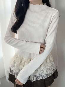 FRIFUL Women's Ruffled Collar Textured Fabric Lace Patchwork Layered Hem Long Sleeve Sweet T-Shirt - White - View 1
