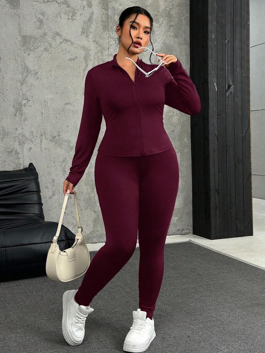 SHEIN EZwear 酒红色加大码女式长袖拉链上衣和紧身打底裤两件套 - 酒紅色 - 查看 1
