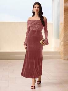 Modelyn 秋冬露肩丝绒花卉拼接纯色丝绒修身鱼尾喇叭袖优雅派对连衣裙，红色 - 粉色 - 查看 4