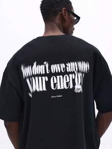 SUMWON Oversized Boxy Fit Cotton T-Shirt With Back Graphic Print Crew Neck Short Sleeves Casual Streetwear Top - Black - View 1