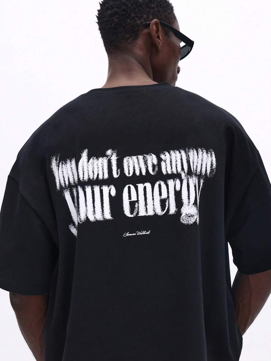 SUMWON Oversized Boxy Fit Cotton T-Shirt With Back Graphic Print Crew Neck Short Sleeves Casual Streetwear Top - Black - View 1