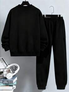 2pcs/Set Tween BoysEquestrian Silhouette Minimalist Crew Neck Sweatshirt And Long Sweatpants, Autumn/Winter