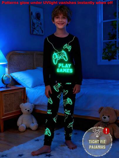 1 set pyjamasset för tween-pojkar med självlysande videospelstryck, stickad, åtsittande långärmad topp och matchande byxor