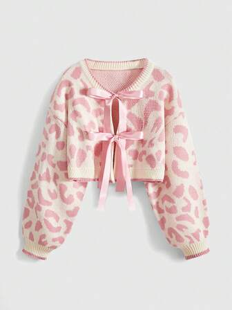 Kawaii Y2K Leoparden-Muster Schleife Träger Langarm Lässig Damen Strickjacken