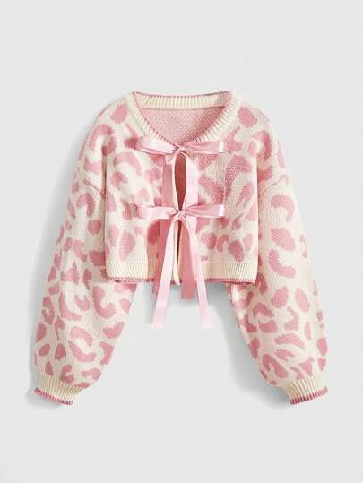 Kawaii Y2K Leopard Print Bow Tie Strap Long Sleeve Casual Women Cardigans