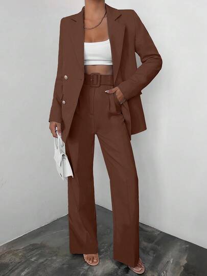 EURMUSE Women's Fashion Business Double-Breasted Blazer And Pants Suit