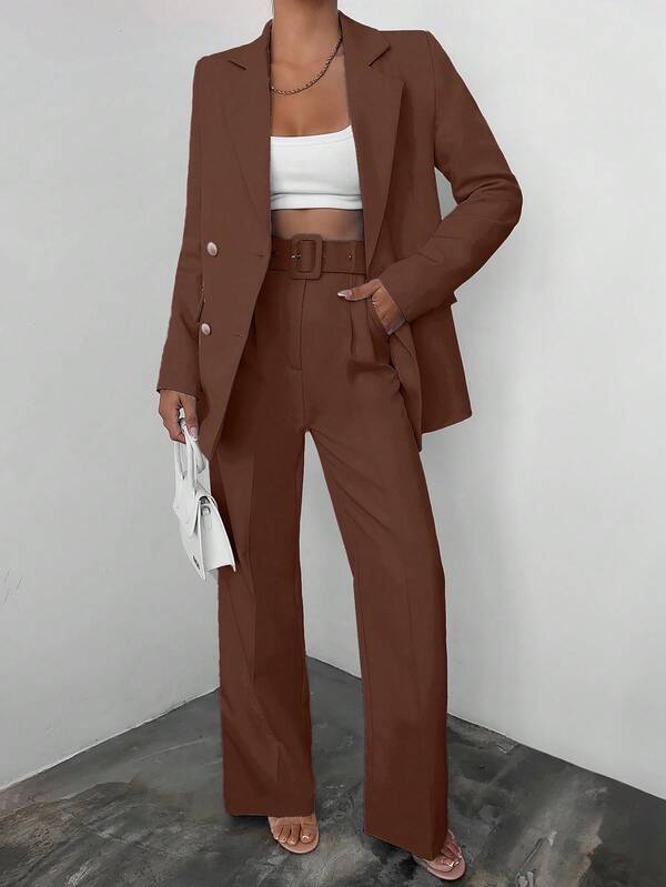 EURMUSE Women's Fashion Business Double-Breasted Blazer And Pants Suit