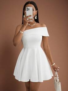 Veslaya 2025新款春夏大码复古西部/热带/音乐节/夜店/公路旅行/度假/休闲都市/毕业典礼/优雅度假女式裹身白色不对称领口收腰A字迷你连衣裙女式短裙夏季女式连衣裙生日女式生日装扮，婚礼宾客连衣裙女式白色不对称肩部连衣裙白色派对连衣裙 - 白色 - 查看 2