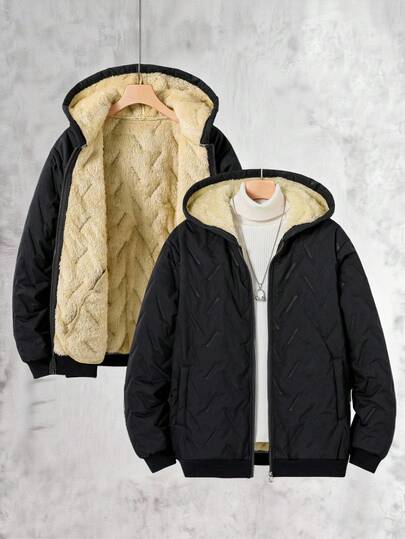 Vacaura Teens' Sherpa Lined Hooded Zip-Up Padded Coat, Fashionable Minimalist Design Suitable For Daily, Outdoor, And Commuting Wear