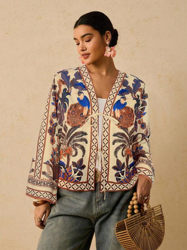 Travachic Koszula damska w dużym rozmiarze z nadrukiem palmy i długim rękawem, wiązana z przodu