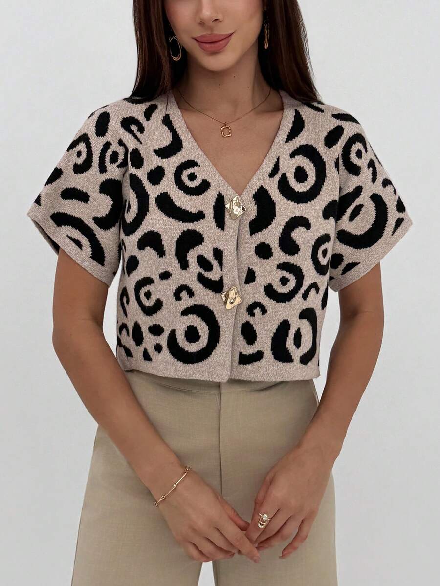 Aloruh 女士单排扣V领豹纹针织背心，秋冬季，无袖针织保暖羊毛上衣，撞色滚边，休闲日常穿着，2024秋冬，通勤，简约，办公室，复古，简约，秋冬季 - 杏色 - 查看 1