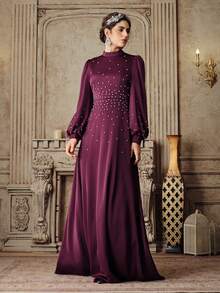 Anewsta Long Sleeve Rhinestone Embellished Dress, Elegant Mother's Day Gown For Middle Eastern Wedding Guests - Red Violet - View 5