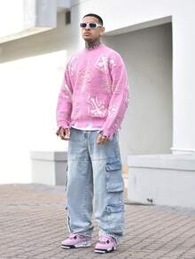 Devon Thys Unisex Street Fashion Cross Jacquard Crew Neck Loose Fit Casual Sweater, Suitable For Spring, Autumn And Winter - Pink - View 4