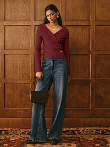 Poéselle 女士纯色长袖修身休闲针织开衫 - 酒紅色 - 查看 2