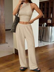 SHEIN EZwear 女式卡其色褶皱短款露背上衣和宽松阔腿裤休闲两件套 - 卡其色 - 查看 4