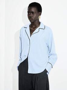 Lumivelle Autumn Fashion Commuter Striped Contrast Trim Shirt - Blue - View 5