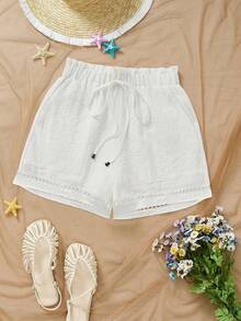 2025年大码女式宽松腰口袋蕾丝下摆短裤，夏季 - 白色 - 查看 5