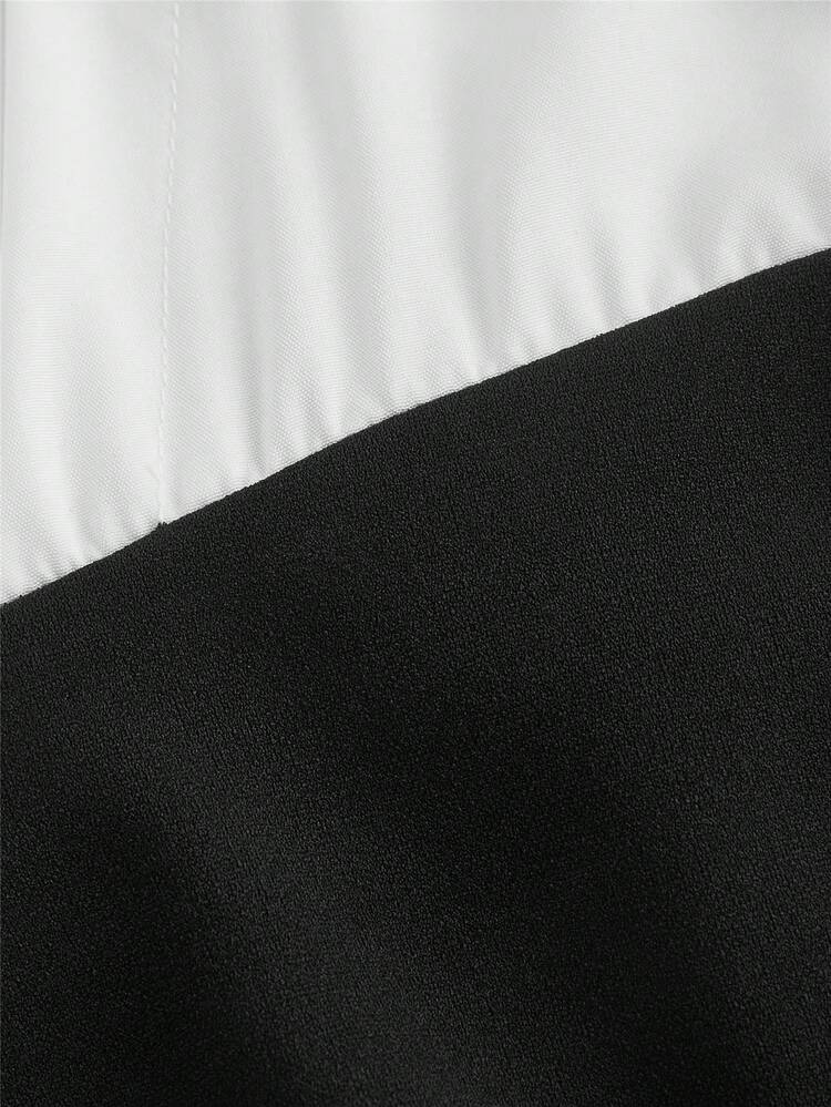 SHEIN MOD 女性の秋のカラーブロック Aラインエレガントドレス、長袖、ウエストシェイプ、バックトゥースクール、秋のドレス、外出着、ティーチャードレス、白の長袖ドレス、チェック ツイード エレガントドレス、ホームカミングドレス - ブラック&ホワイト - 見る 3