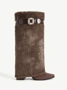 CUCCOO CHICEST Women's Fashionable Commuter Fluffy Chunky Heel Knee-High Boots Valentine's Day - Coffee Brown - View 2