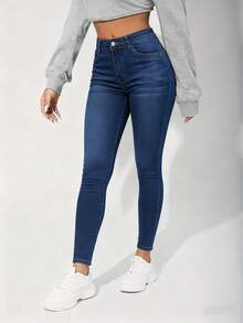 Jeans ajustados sexys para mujer] Jeans ajustados sexys para mujer, tejido elástico de mezcla de viscosa, color liso, con detalle de botón, para pantalones tejidos de otoño/invierno - Azul - Ver 6