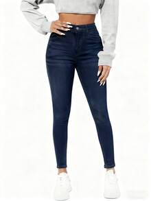 Jeans ajustados sexys para mujer] Jeans ajustados sexys para mujer, tejido elástico de mezcla de viscosa, color liso, con detalle de botón, para pantalones tejidos de otoño/invierno - Azul Marino - Ver 4
