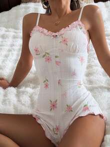 SHEIN Pijama de body con recortes de encaje, volantes y parches para mujer - Rosa Pálido - Ver 3