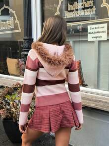 SHEIN Unity Chaqueta de punto con cremallera, ajustada y cálida, con cuello y puños de peluche, de estilo vintage y de colores rayados para niña, para otoño/invierno - Multicolor - Ver 2