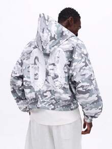 SUMWON 男士宽松迷彩全拉链连帽衫，印有数字，休闲街头风，秋冬外套 - 灰色 - 查看 5