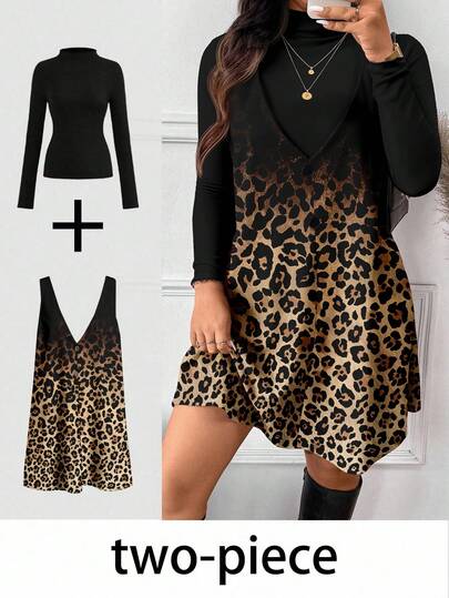 SHEIN Frenchy Conjunto casual de 2 piezas para mujer de talla grande: Camiseta de manga larga con cuello alto en unicolor y vestido de tirantes con estampado de leopardo. Vestido de estampado de leopardo/guepardo de otoño, conjunto de prendas de dos piezas con estampado animal para mujer
