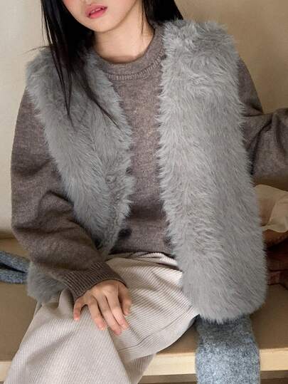 DAZY 少女纯色休闲宽松仿皮草背心，秋冬季