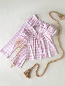 SHEIN 2pcs Girls Butterfly & Plaid Print Set, Peter Pan Collar Ruffle Trim Short Sleeve Top & Pants, Stretchy & Soft Fabric, Ideal For Casual Wear