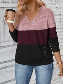 EMERY ROSE 女士V领长袖三色设计休闲针织加大码T恤，秋冬春季上衣 - 彩色 - 查看 4