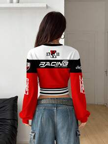 Coolane 这款休闲简约街头复古风红黑撞色赛车图案印花保暖卫衣，适合秋冬季节穿着，风格百搭，兼具复古、学院风、性感、可爱、Y2K、椰子女孩、波西米亚风、嬉皮风和音乐节元素。 - 彩色 - 查看 3